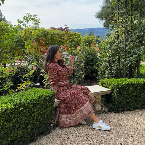 woman wearing Joyasol sneakers in Napa Valley