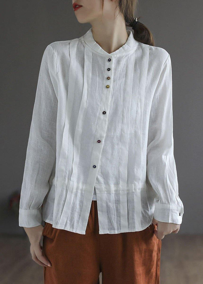 Elegant White Linen Retro Wrinkled Fall Tie Waist Long Sleeve Shirt Tops