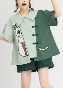 Loose Green Peter Pan Collar Print Button Cotton Shirt Short Sleeve