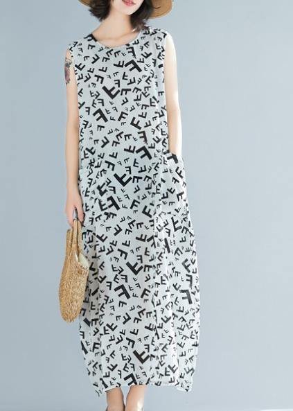 Women o neck sleeveless cotton summer clothes pattern white print Art Dress