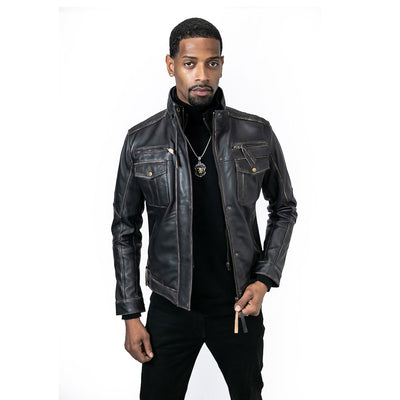 Cafe Racer Distressed Brown Leather Bomber Jacket