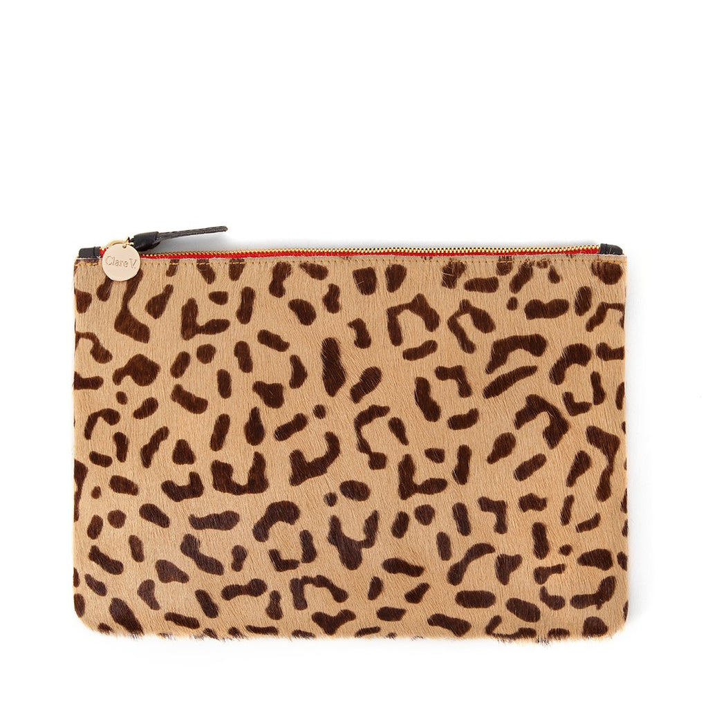 Clare V. Leopard Hair on Foldover Clutch Tan