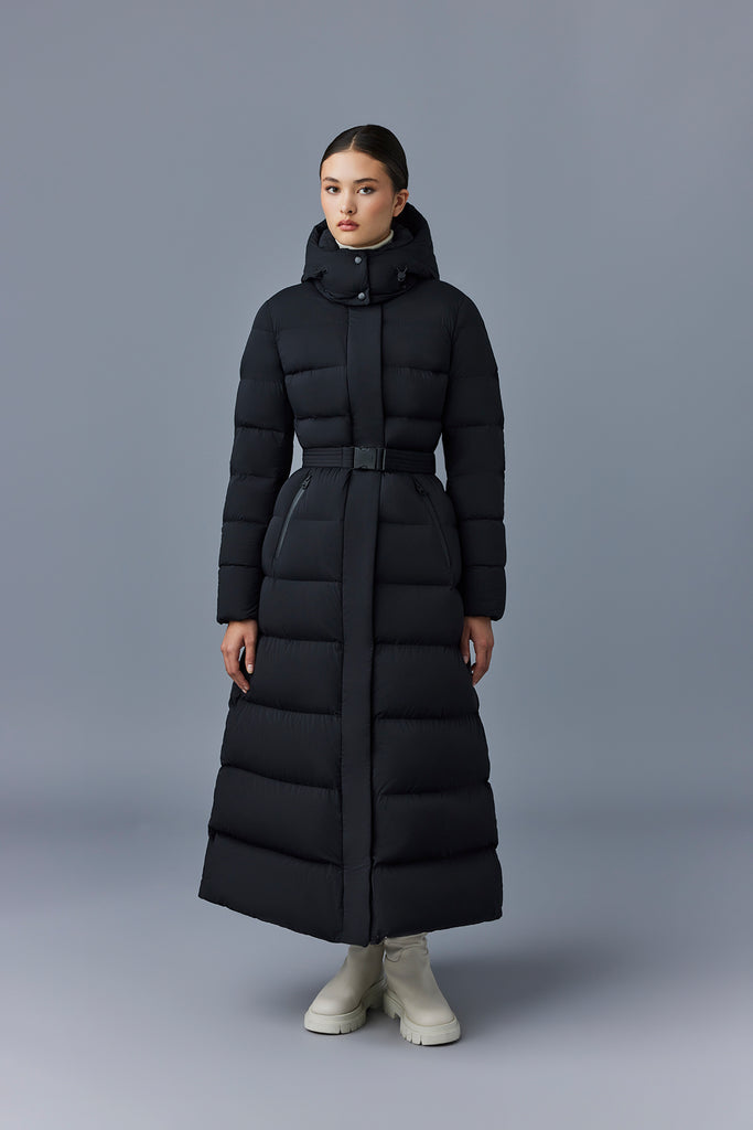 Iridescent down jacket with hood and maxi collar