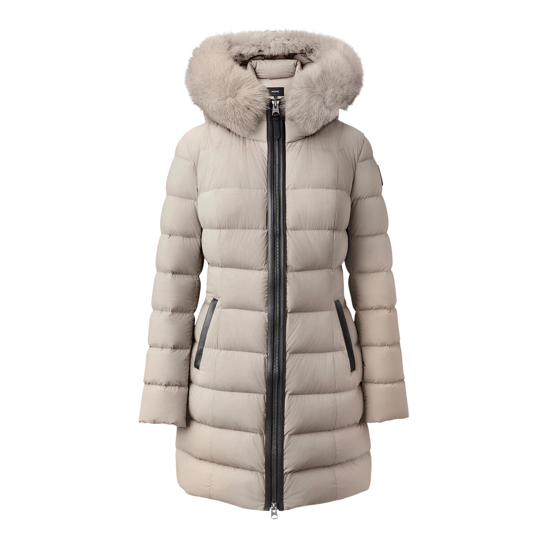 Mackage Calla Agile-360 Stretch Light Down Coat With Blue Fox Fur Collar Trench, Size:
