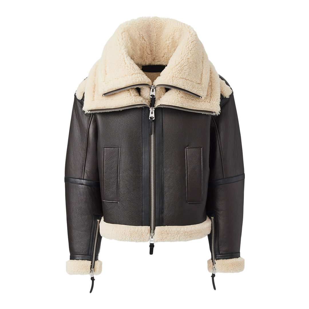 Mackage Lotte Sheepskin Jacket With Double Collar Chocolate, Size: