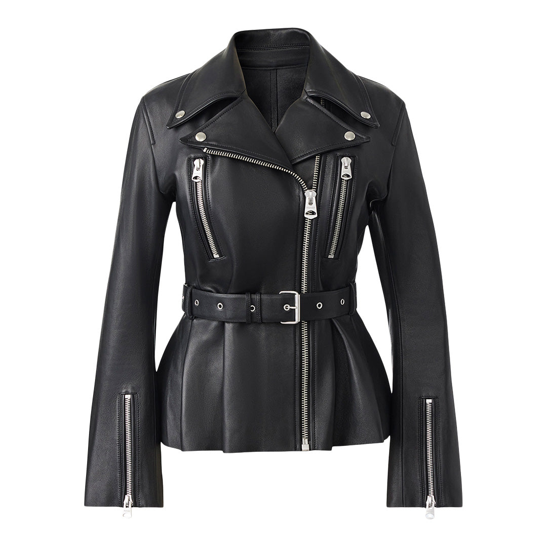 Mackage Abigail Calfskin Biker Jacket With Peplum Black, Size: