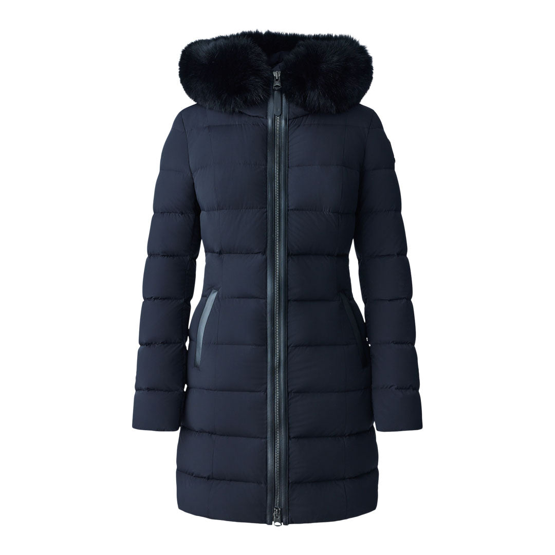 Mackage Calla Agile-360 Stretch Light Down Coat With Blue Fox Fur Collar Black, Size: