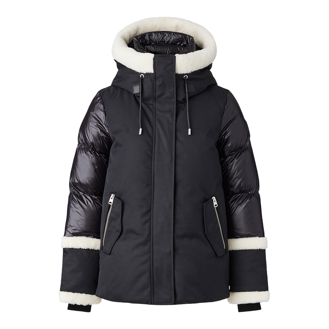 Mackage Cyrah Arctic Twill Down Jacket With Shearling Trim Black-cream, Size: