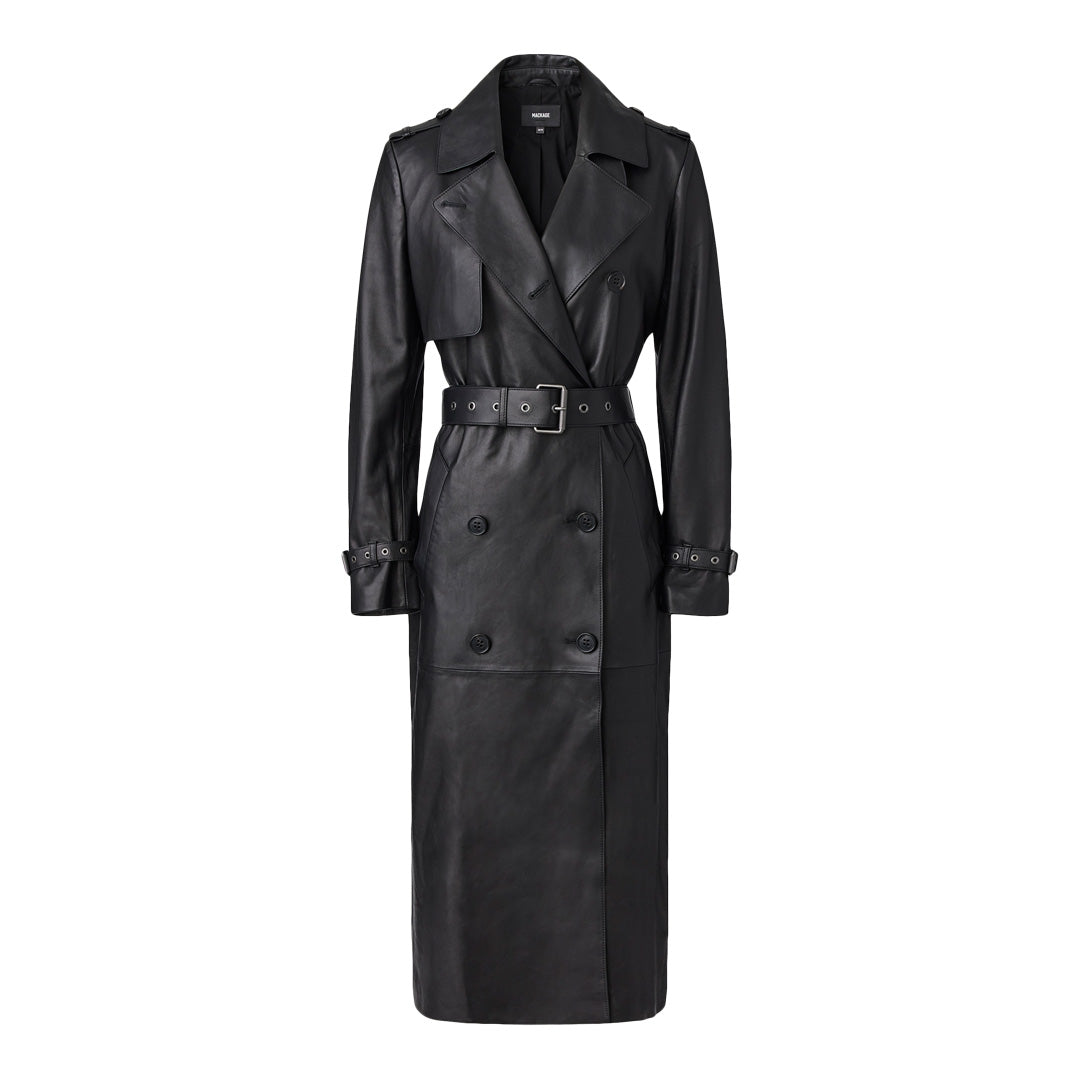 Mackage Gael Leather Trench Coat With Belt Black, Size: