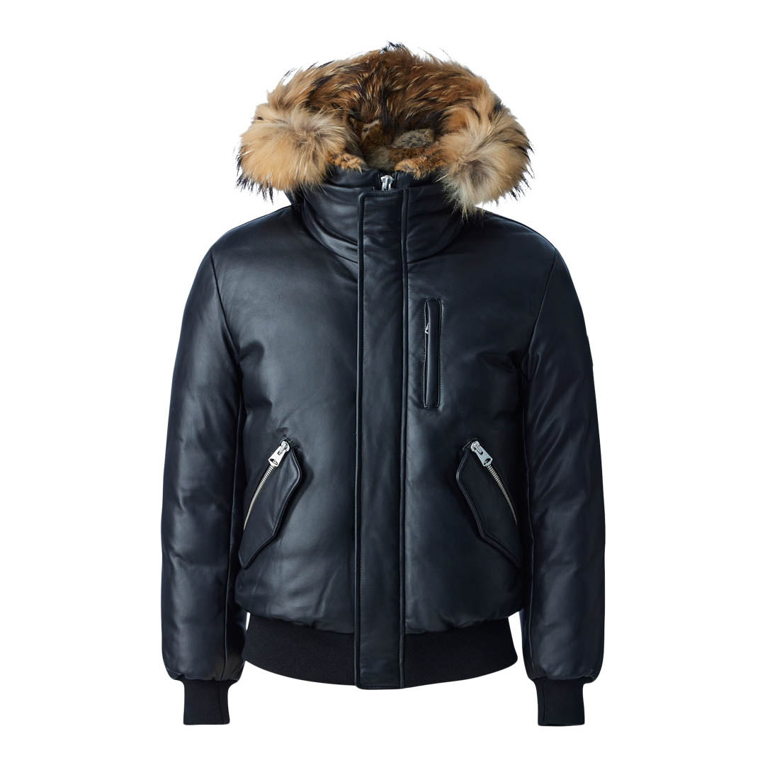 Mackage Glen 2-in-1 (r) Leather Bomber Jacket With Hooded Bib & Natural Fur Black, Size: