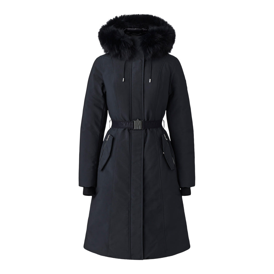 Mackage Kailyn Flared Down Coat With Blue Fox Fur Hood Black, Size: