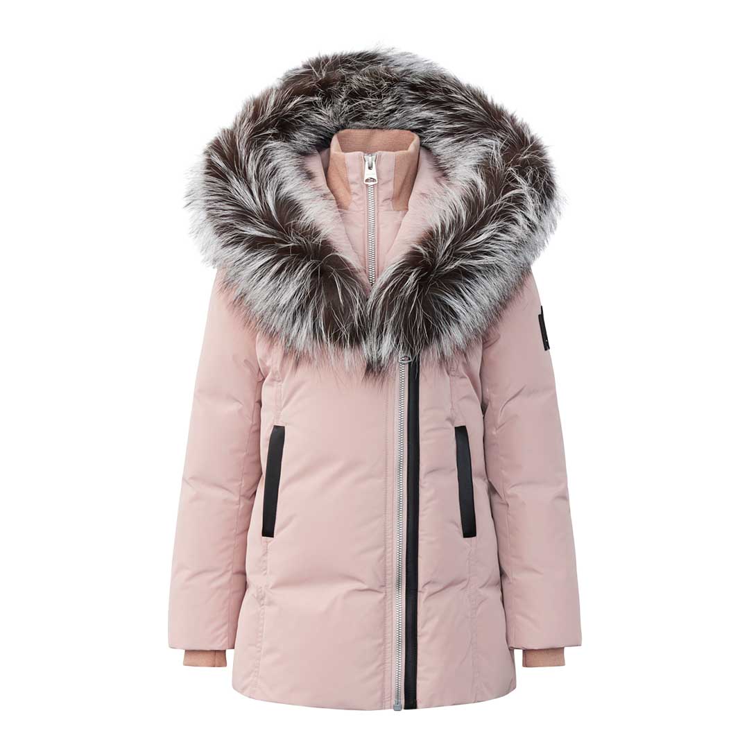 Mackage Leelee Down Coat With Removable Silver Fox Signature Collar For Kids (8-14 Years) Petal, Size:
