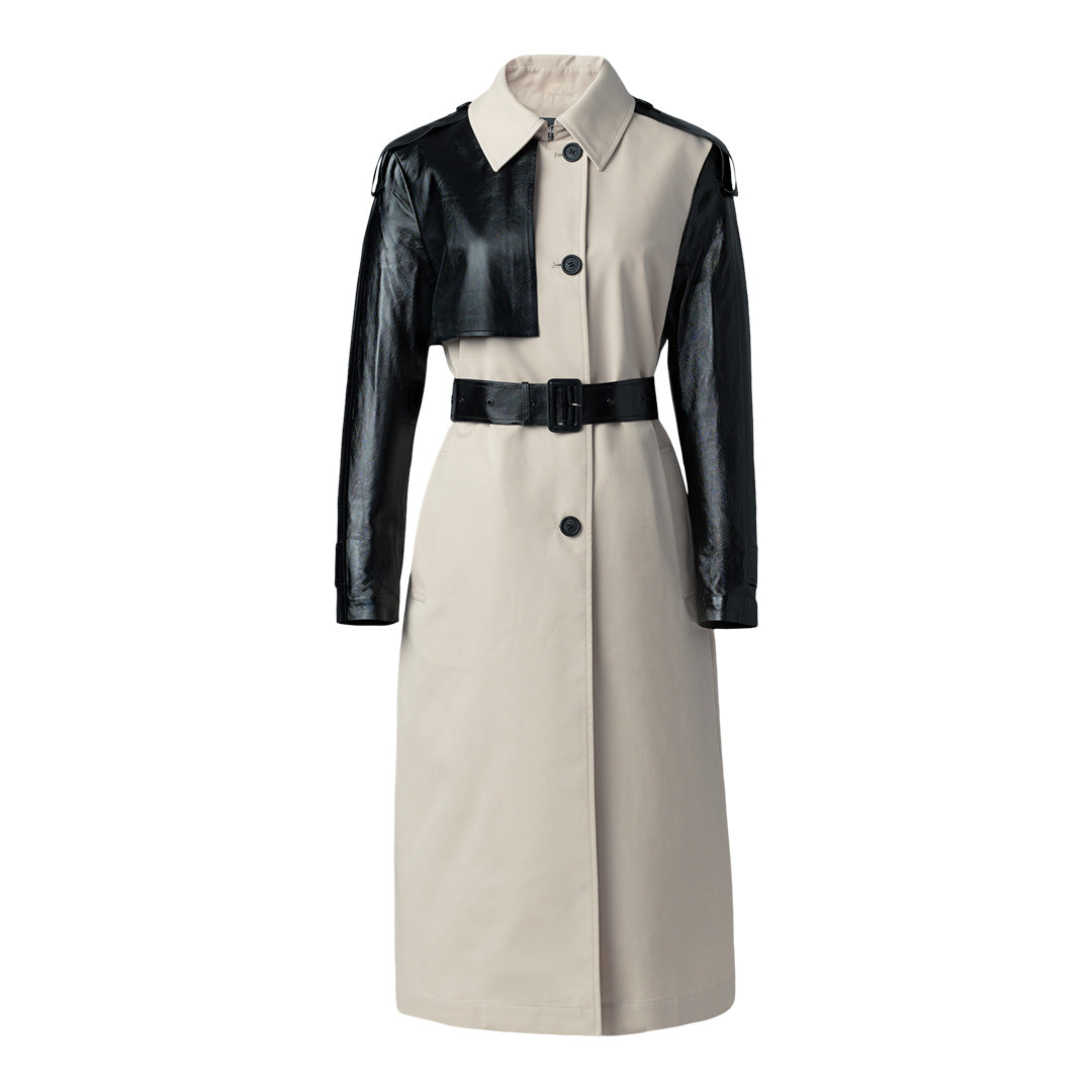 Mackage Leiko Maxi Two-toned Twill & Leather Trench, Size: