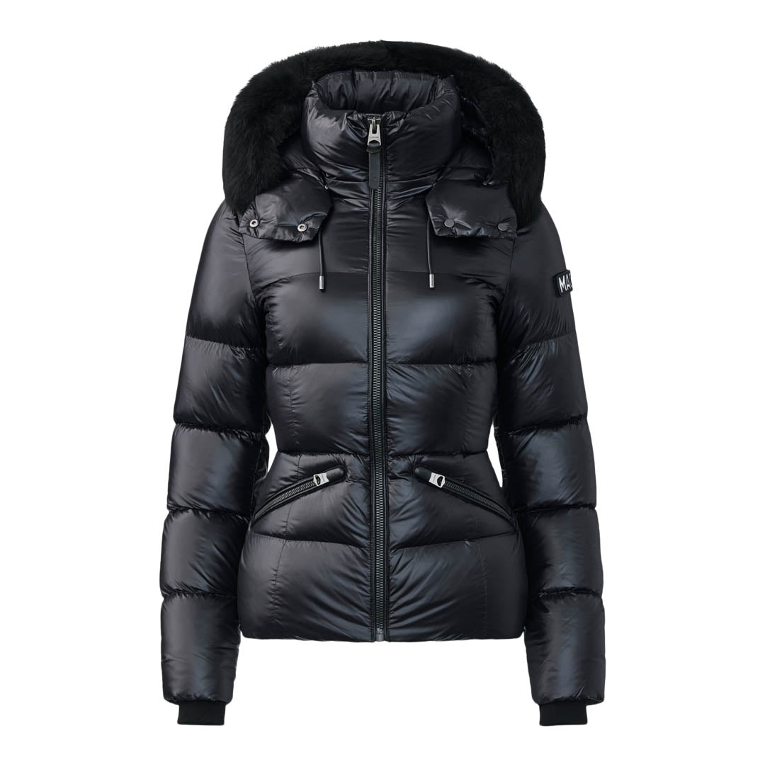 Mackage Madalyn Lustrous Light Down Jacket With Shearling In Black-black, Size: Xs