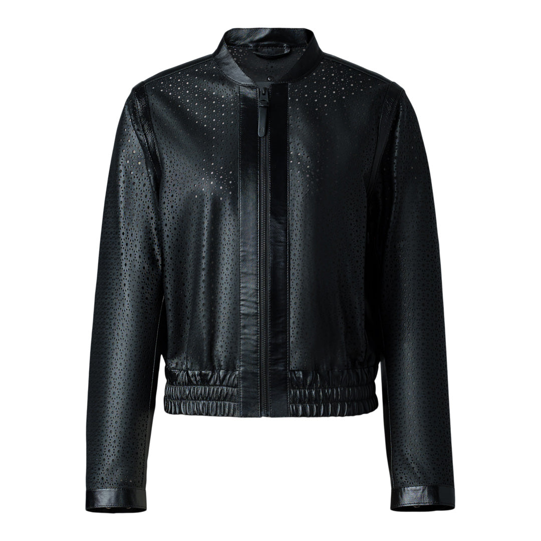 Mackage Noelia Perforated Leather Bomber Jacket Black, Size:
