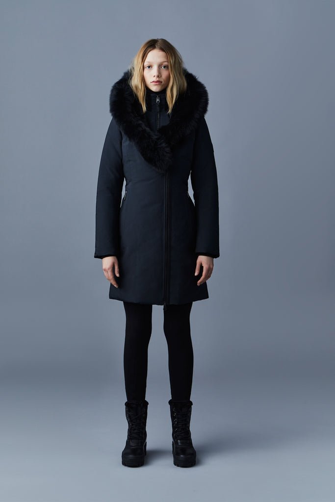 Kailyn, Flared down coat with blue fox fur hood for ladies