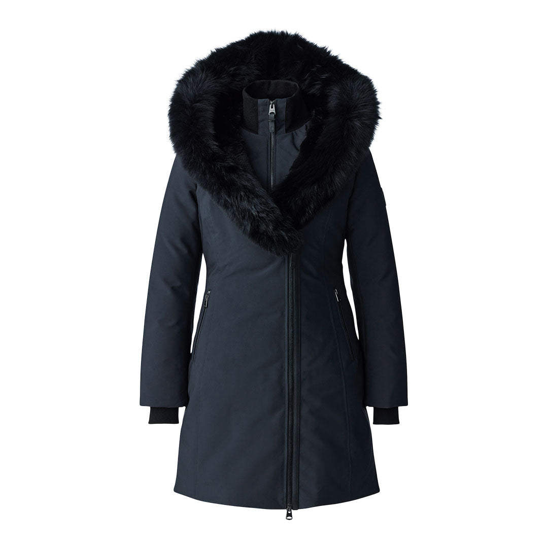Mackage Trish Powder Touch Down Coat With Blue Fox Fur Signature Collar Black, Size: