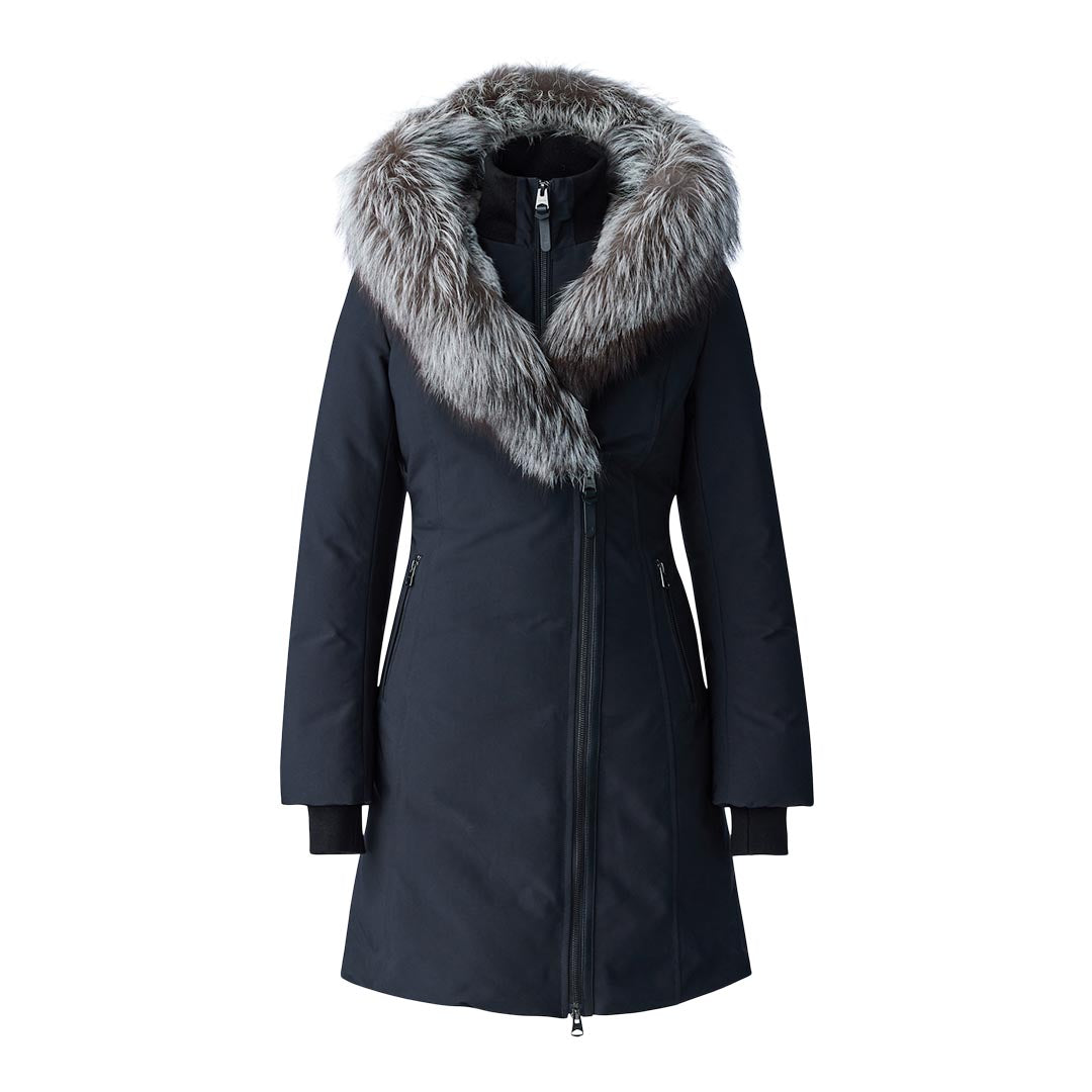 Mackage Trish Powder Touch Down Coat With Silver Fox Fur Signature Collar Black, Size: