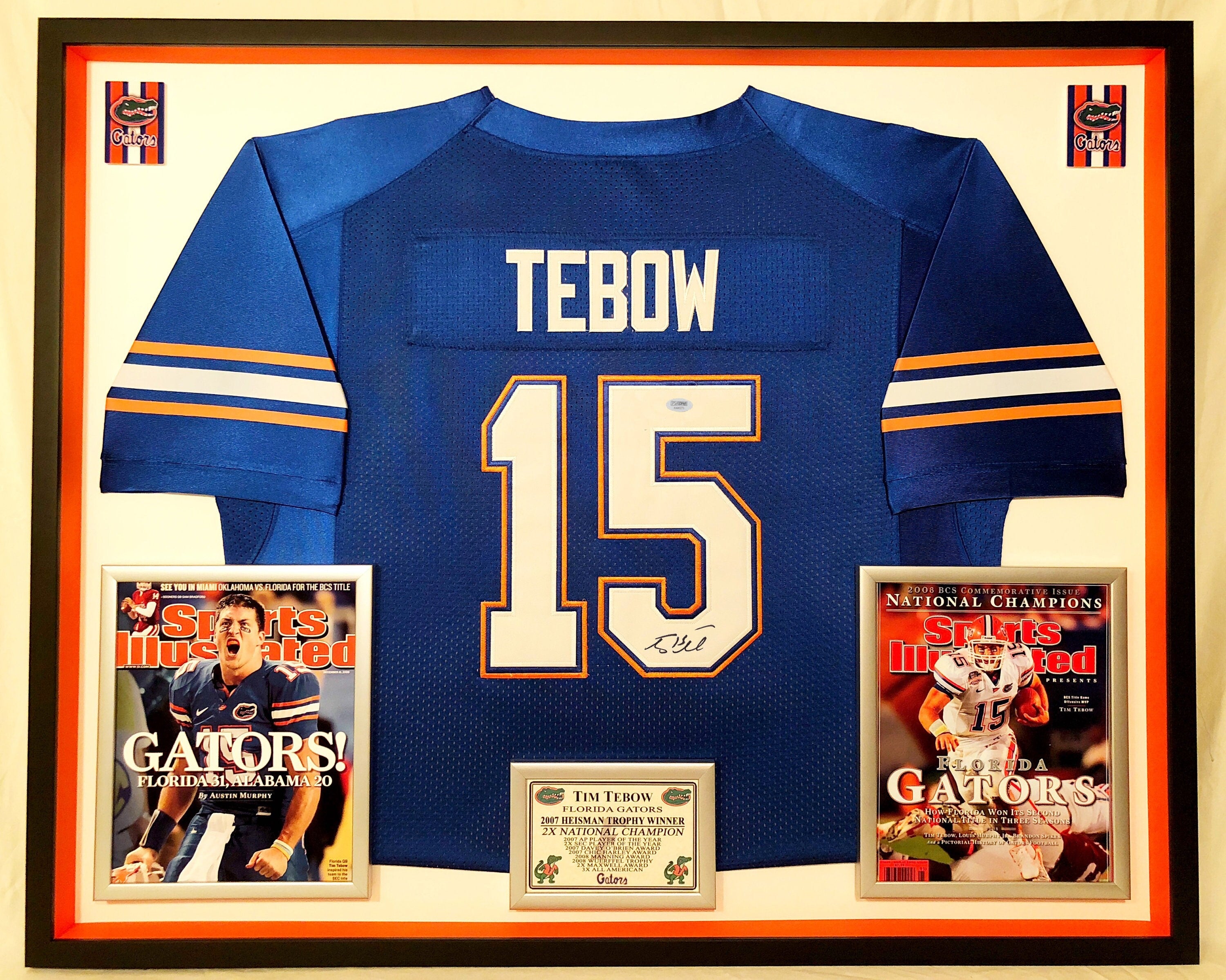 Tim Tebow Autographed Signed Florida Gators (Blue #15) Deluxe Framed Jersey  With 06 Champs , 07 Heisman , 08 Champs - Tebow Holo