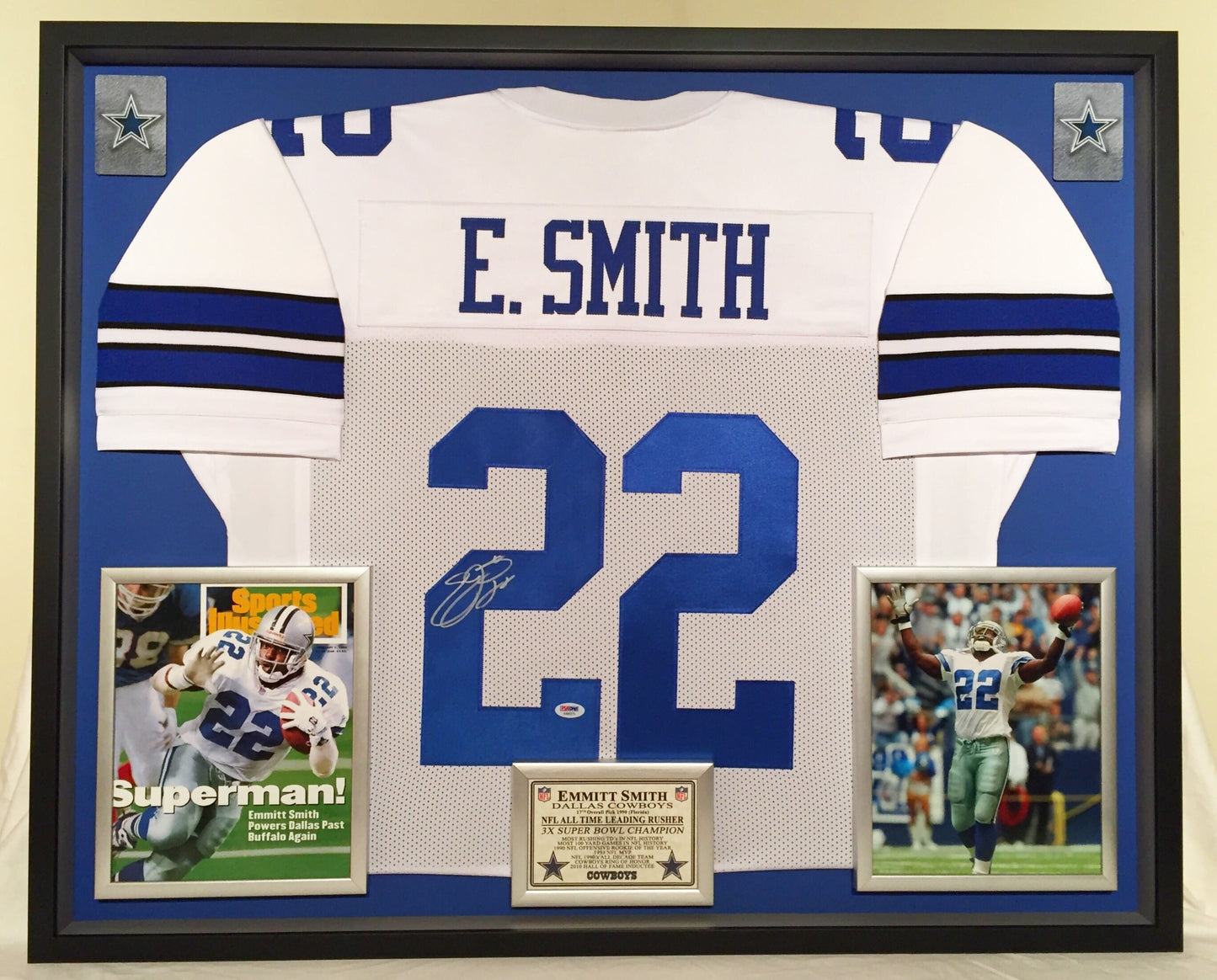 Premium Framed Emmitt Smith Autographed / Signed Cowboys Jersey – PSA Auth -