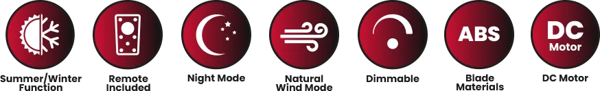 Summer/Winter Function, Remote Included, Night Mode, Nautural Wind Mode, Dimmable, Blade Materials, DC Motor