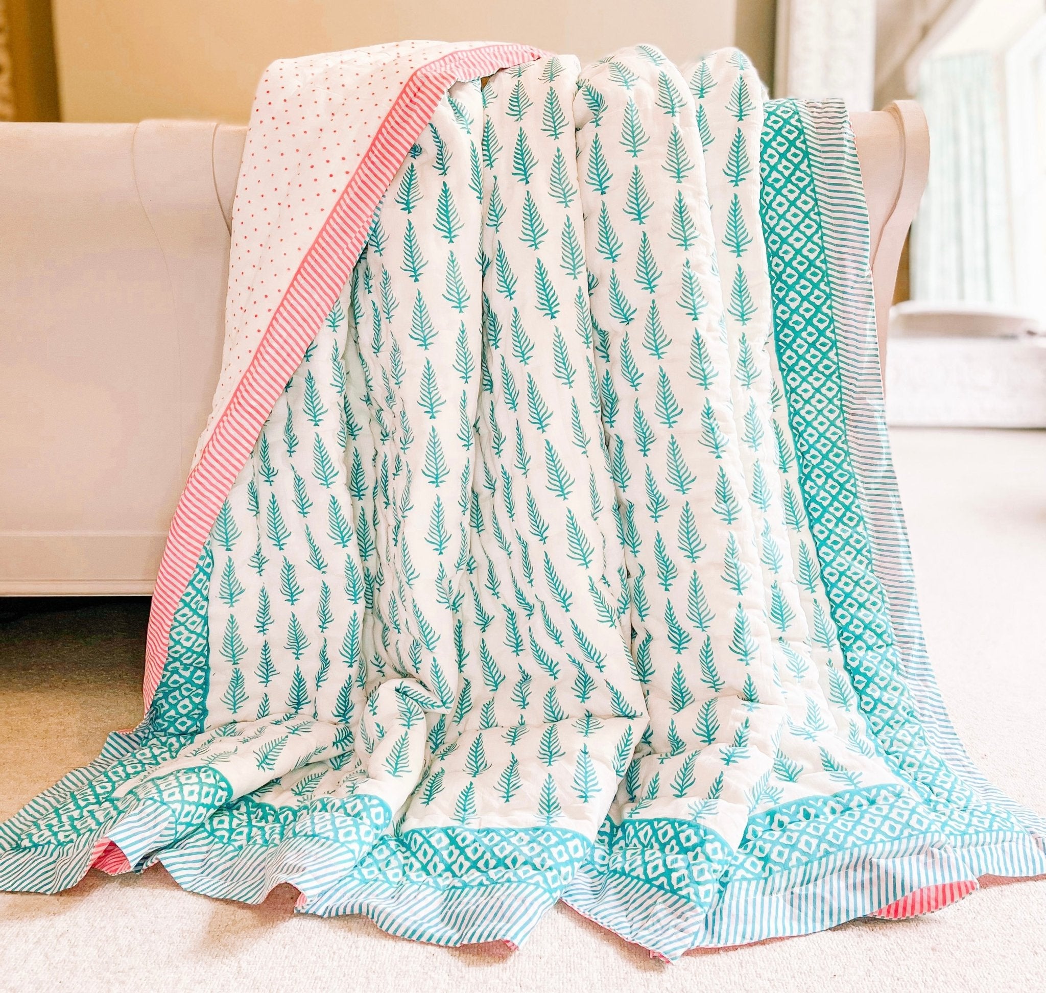 blue pink quilt