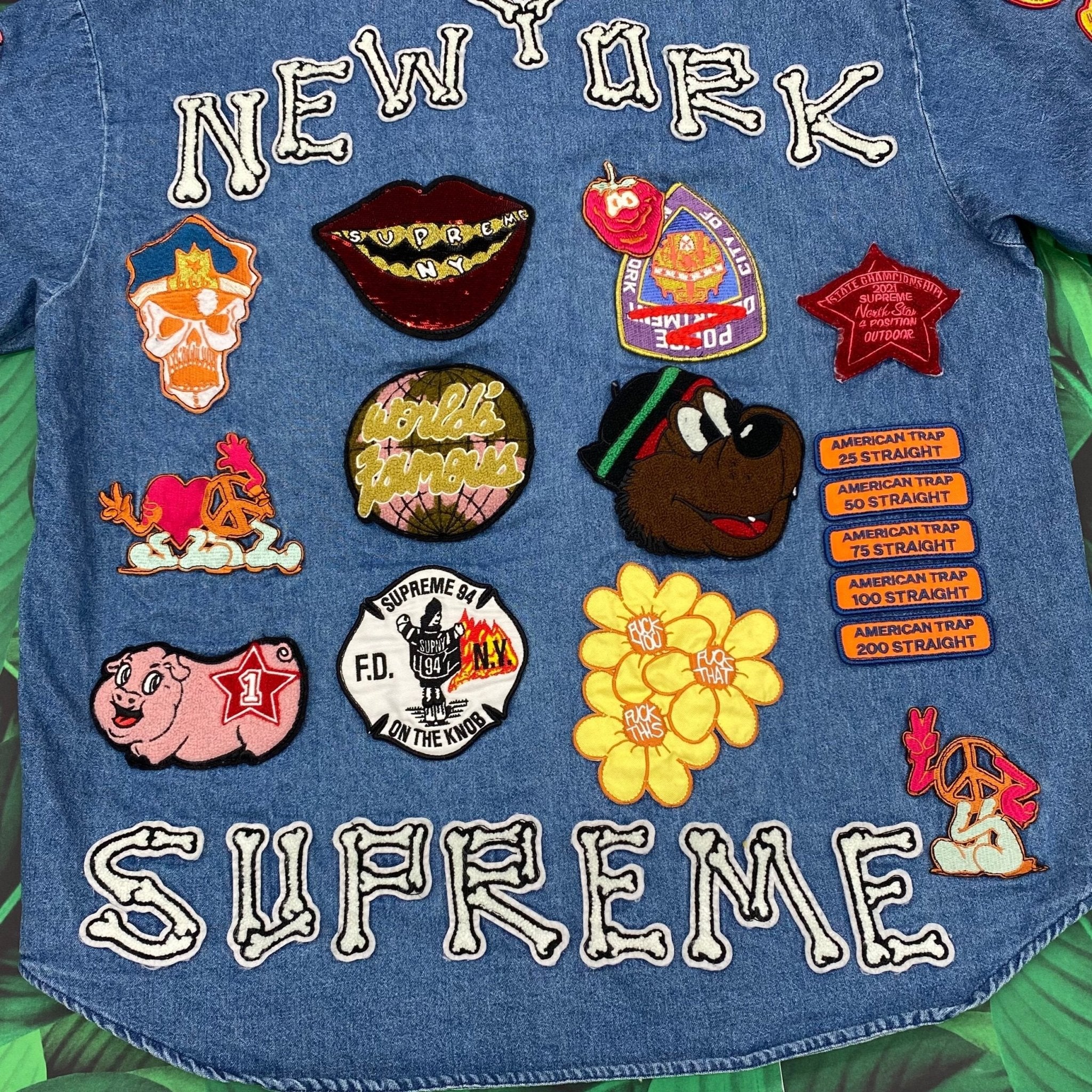 Supreme patches denim baseball jersey- S