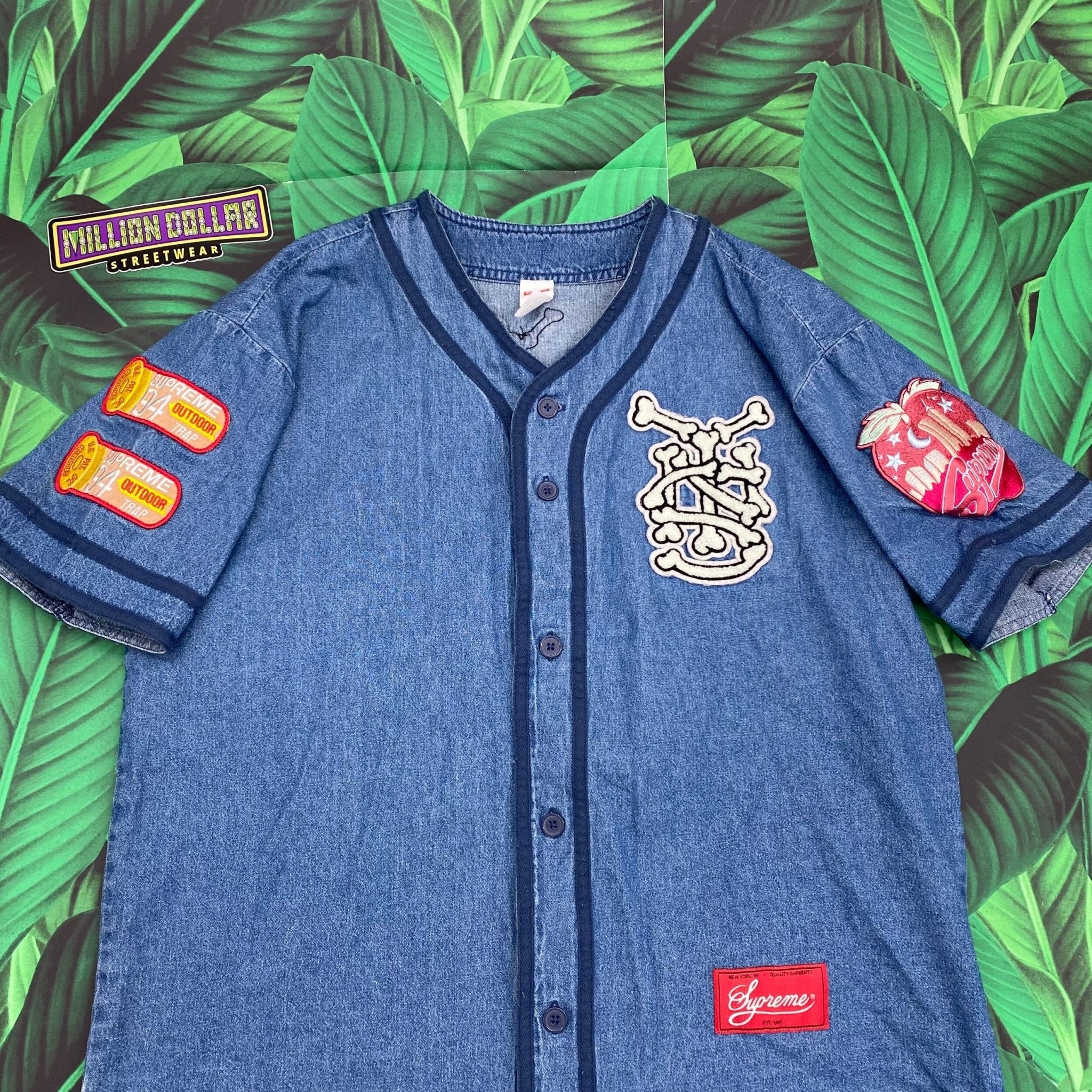 Supreme patches denim baseball jersey- S – Million Dollar Streetwear