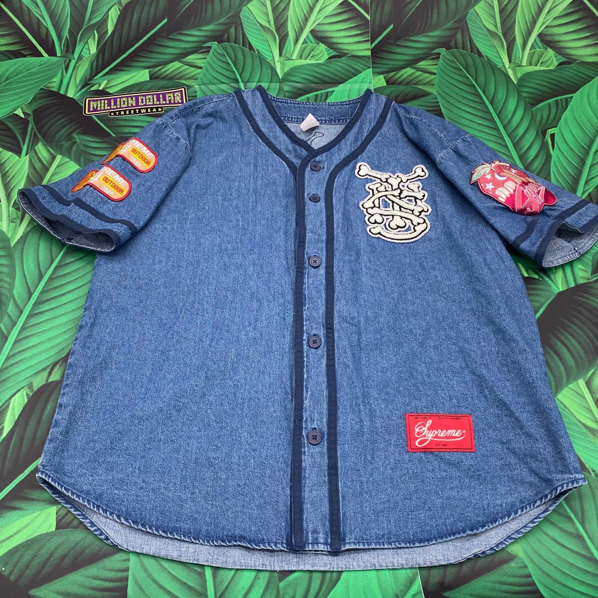 Supreme patches denim baseball jersey- S