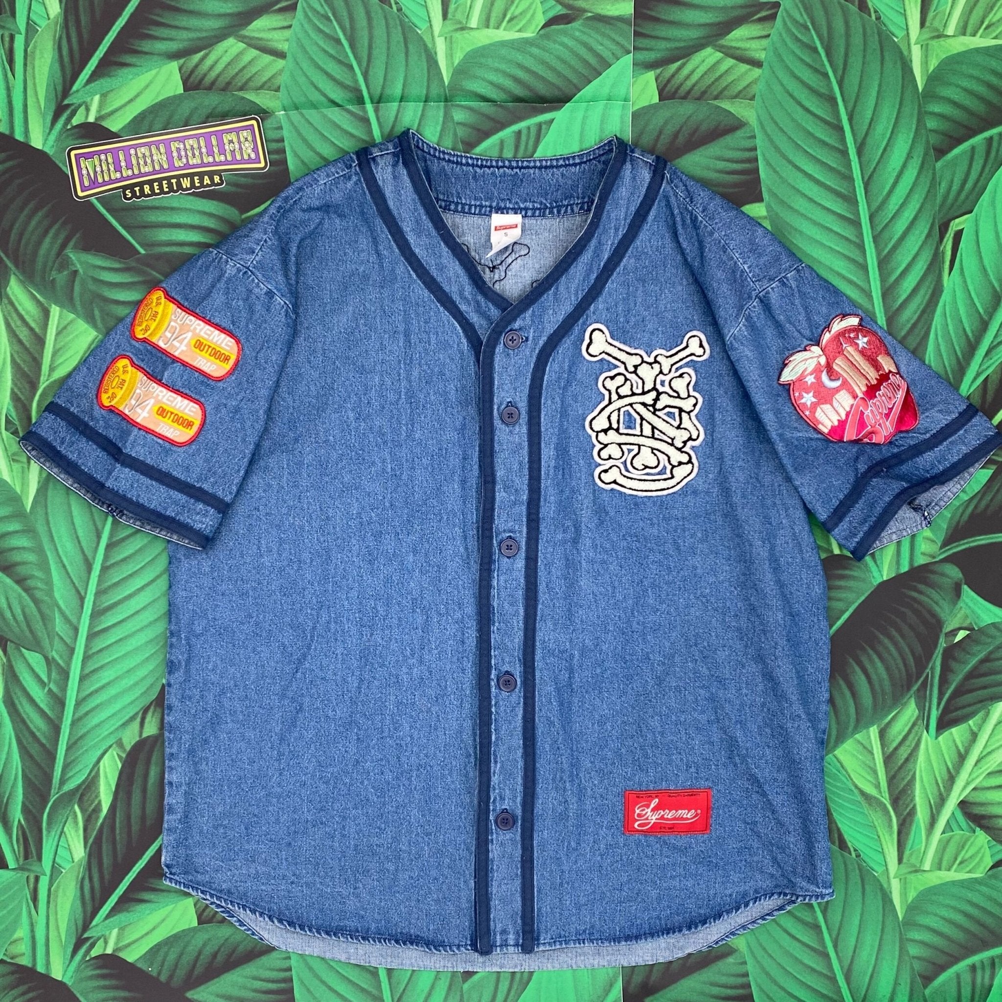 Supreme patches denim baseball jersey- S