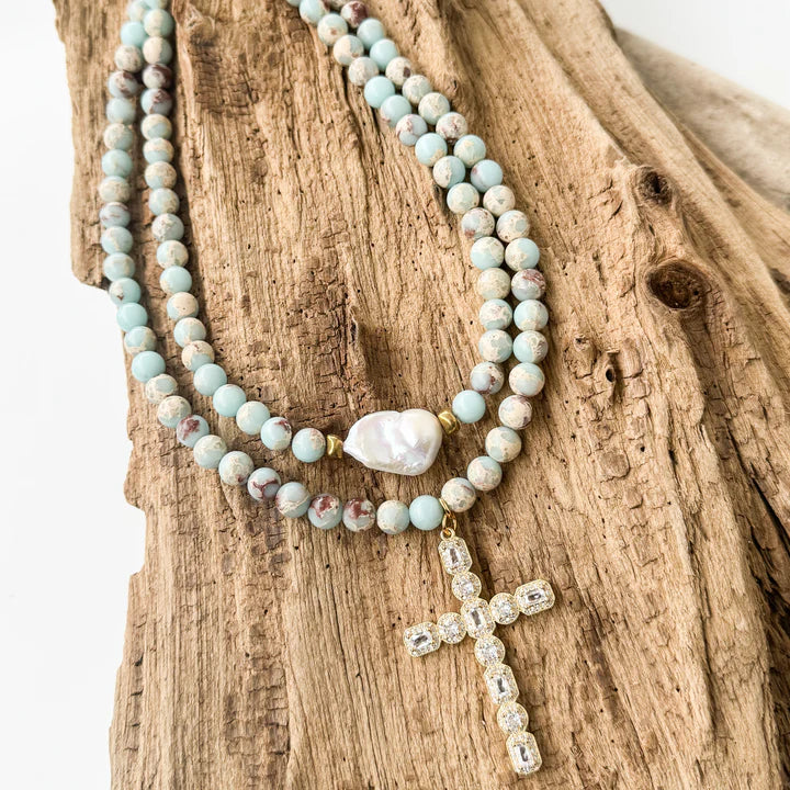 Diamond Cross Pendant w/ Beaded Chain - Sky