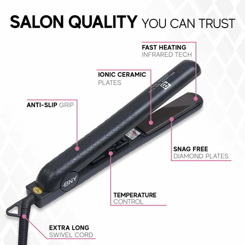 The Set includes: 1.25" Diamond and Ceramic flat Iron, the 1/2" Mini Diamond Flat Iron, and the 1" (25mm) Clipless Curling Iron. he Set includes: 1.25" Diamond and Ceramic flat Iron, the 1/2" Mini Diamond Flat Iron, and the 1" (25mm) Clipless Curling Iron.Suitable for all hair types he Set includes: 1.25" Diamond and Ceramic flat Iron, the 1/2" Mini Diamond Flat Iron, and the 1" (25mm) Clipless Curling Iron.1.25 Inch 450 Diamond Ceramic Hair Straightener- Frizz-Free            and Anti-Static Ionic Plates