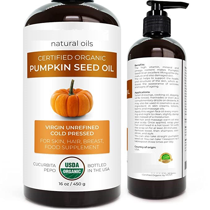 Pumpkin Oil 100% Pure Unrefined, Partially Filtered Non GMO Virgin 16 Oz  Natural Hydrating Soothing Moisturizing Silky Smooth Hair Remedy