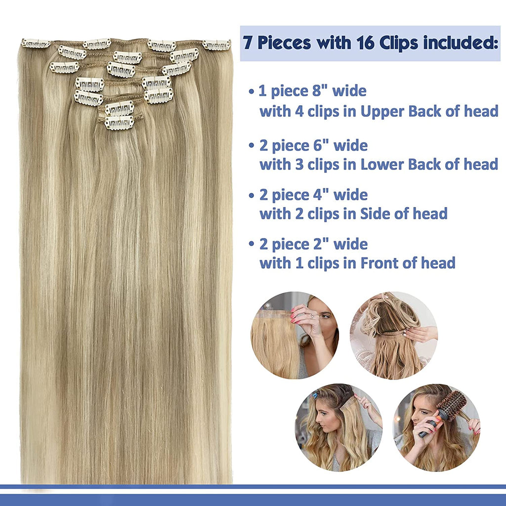 7 Pcs Kinky Straight Clip in Hair Extensions, Human Hair Extensions for Women Full Head Yaki Straight Clip in Synthetic Hair Extensions with 16