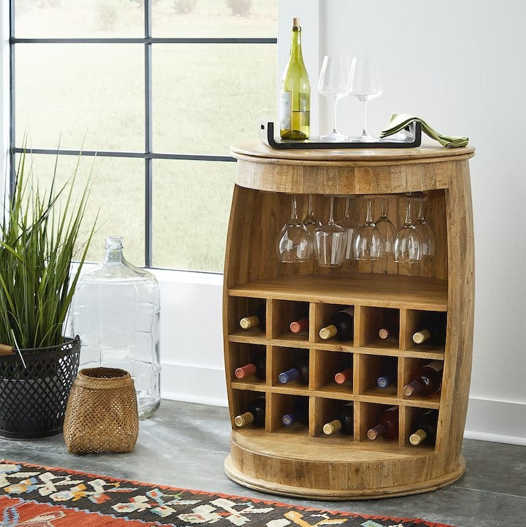 wine barrel bar with plants