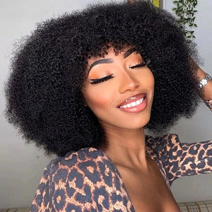 Machine Made 250% Afro Kinky Human Hair Wig With Bang - MyMIYAKA
