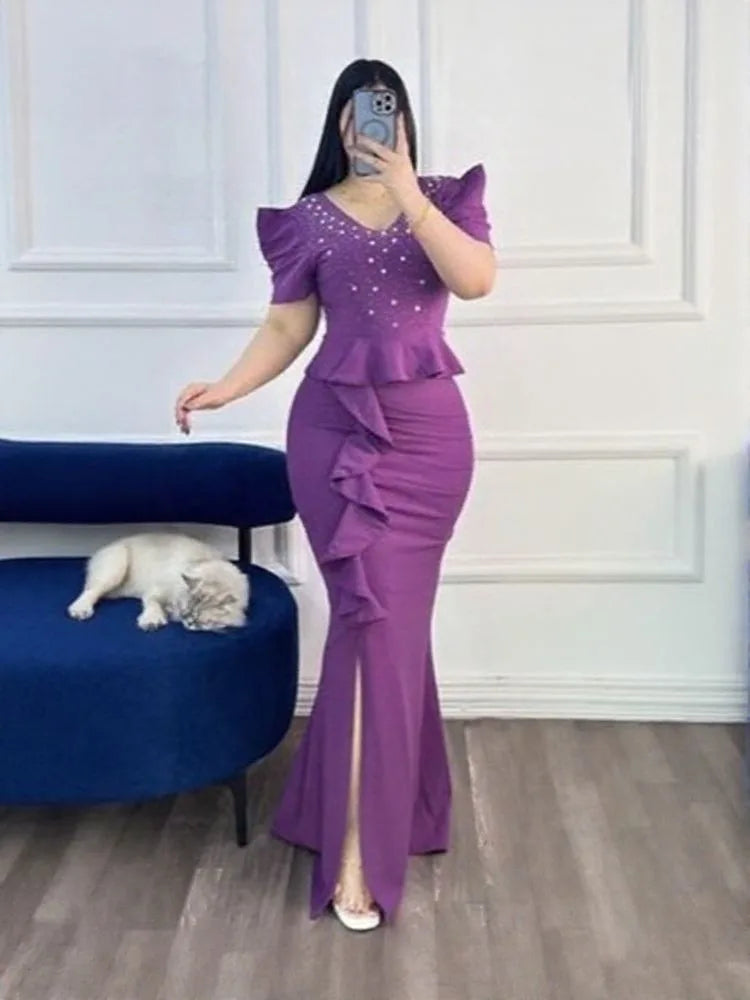 Elegant Purple Long Dress with Ruffles Puff Sleeves