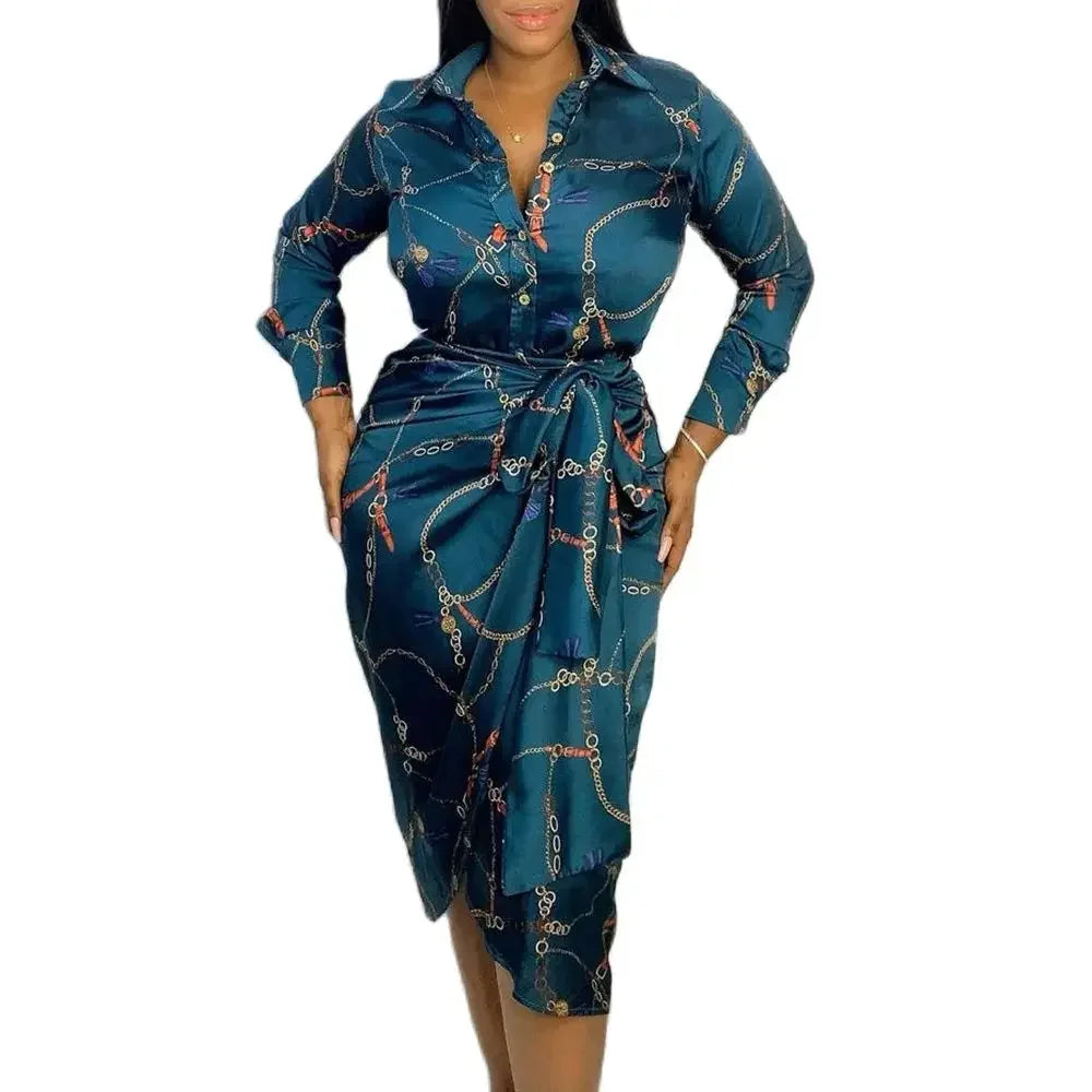 Fashion Long Sleeve Chain Printed Casual Elegant Satin Dress