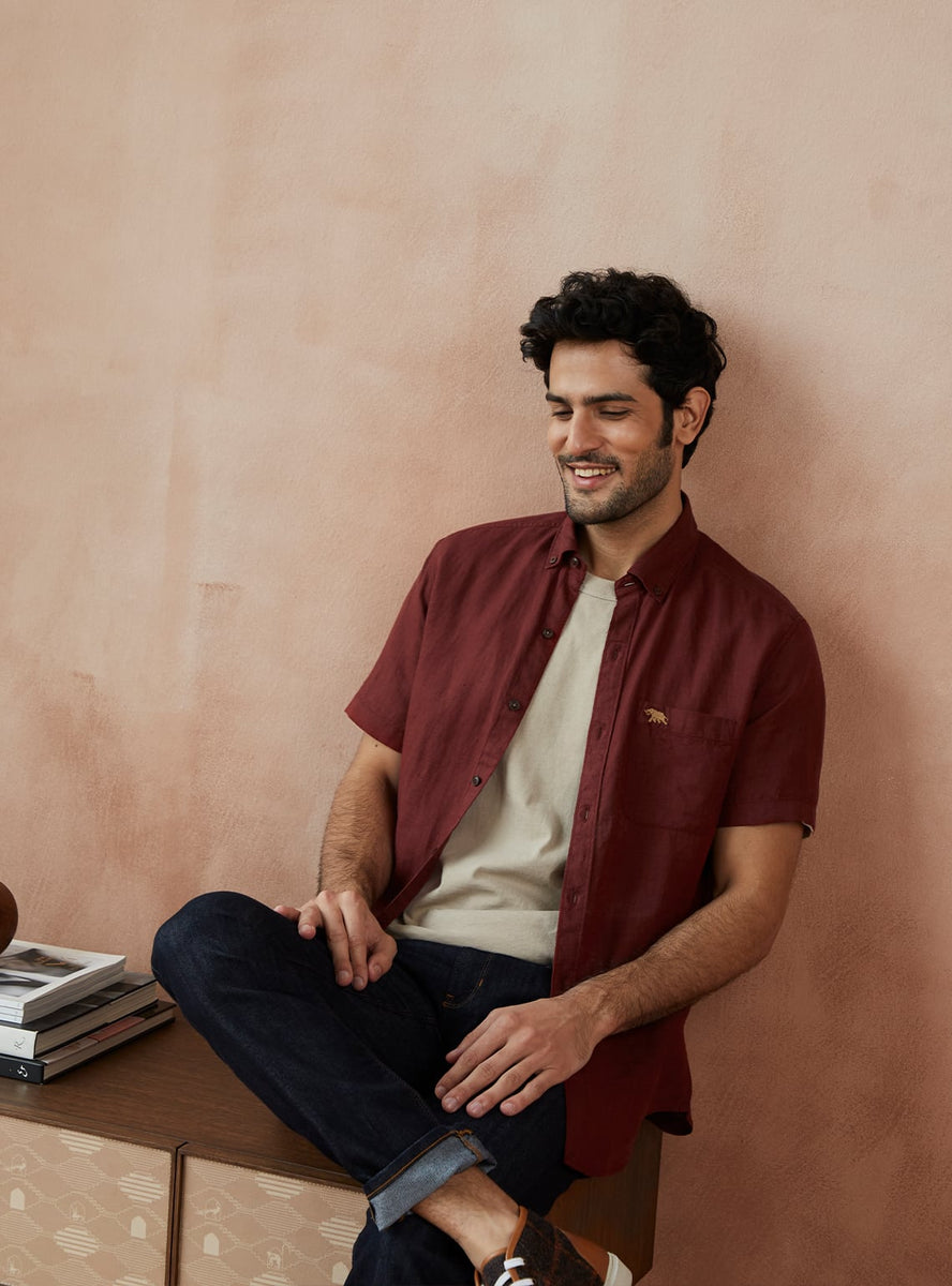 Buy Rosewood Linen - Half | Rise Burgundy Linen Shirt for Men Online |  Andamen