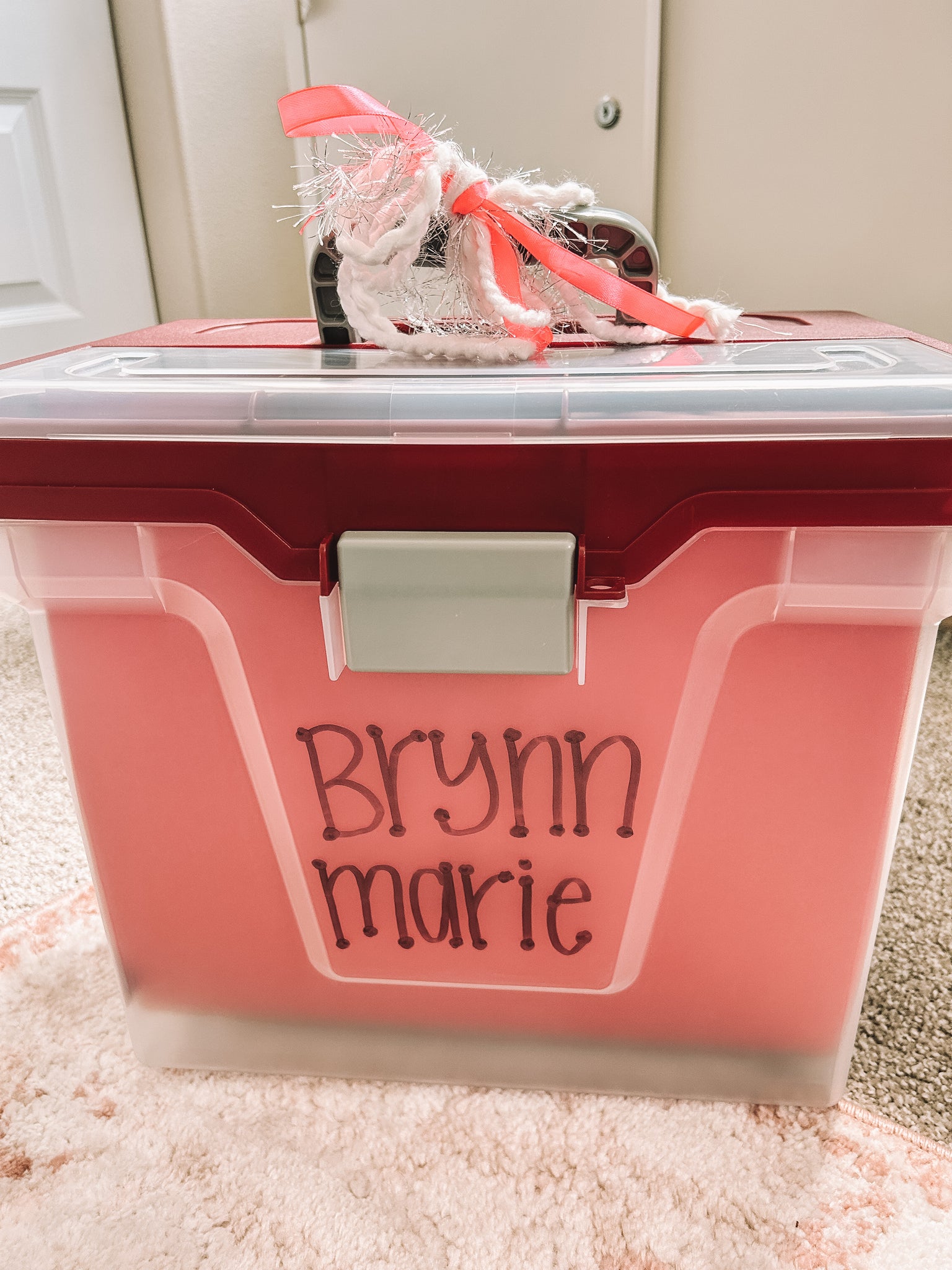 memory file tote bin with name written in sharpie on the front