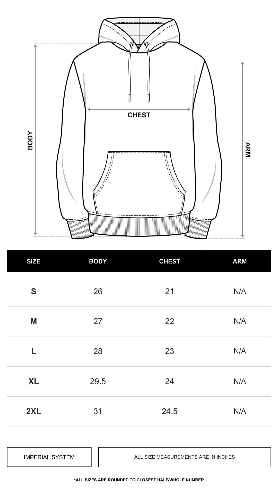 Grimy Roses - Sleeveless Pullover Hoodie Size Chart / Fit Guide