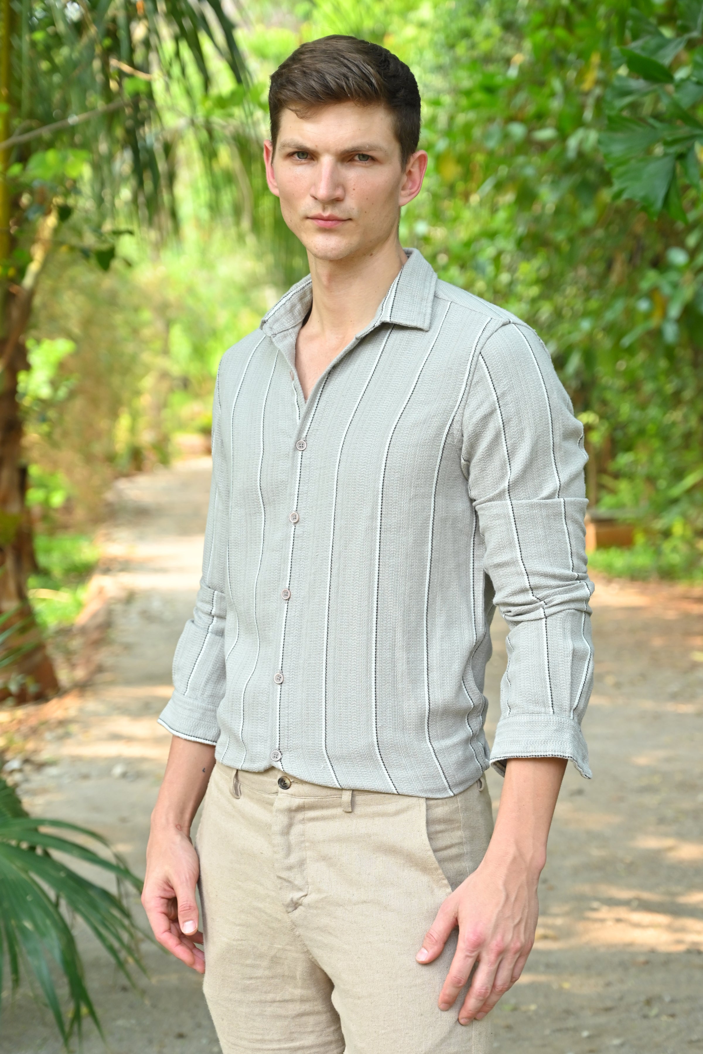 Maddox - Structured Striped Shirt - Sand-L-42 / SAND