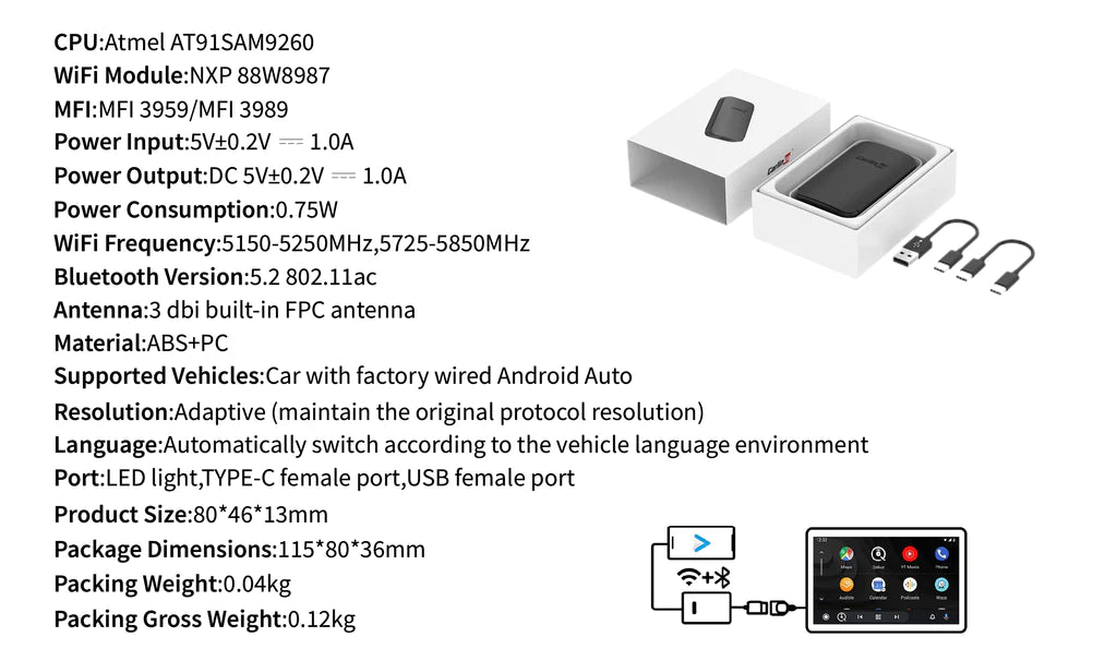 Productspecificaties van Carlinkit-A2A-draadloze Android-Auto-adapter