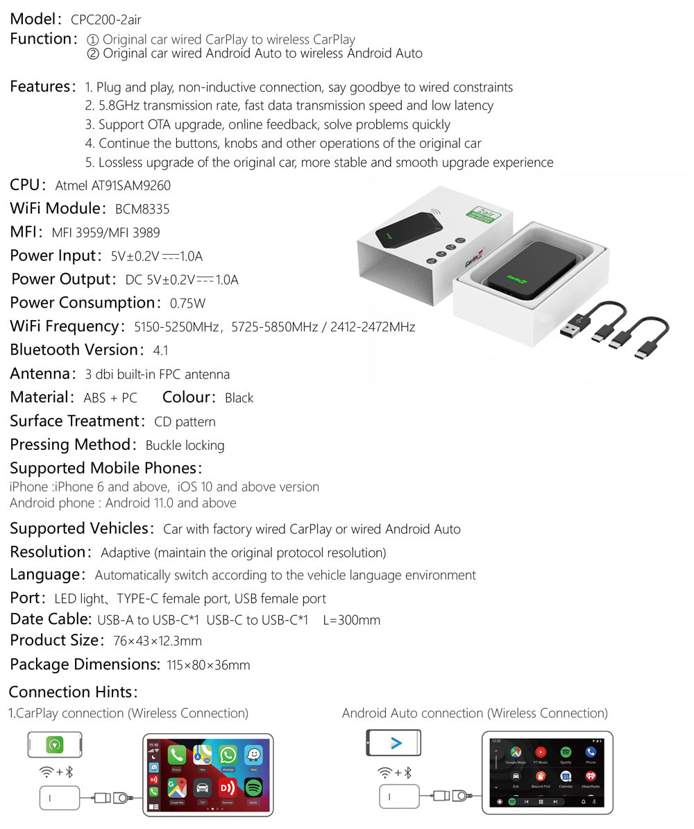 Carlinkit 5.0 2 Air Wireless CarPlay/Android Auto Adapter, Plug