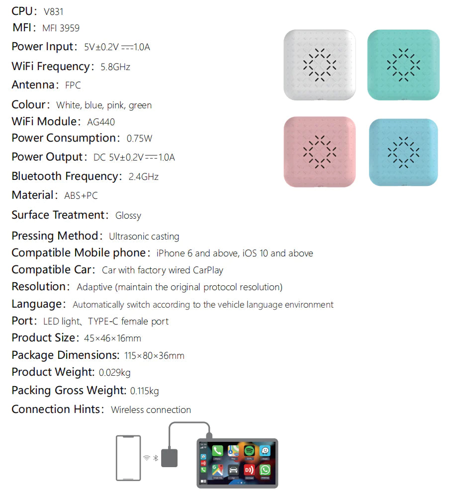 Especificação do produto do adaptador Carlinkit-Mini-2-Wireless-CarPlay