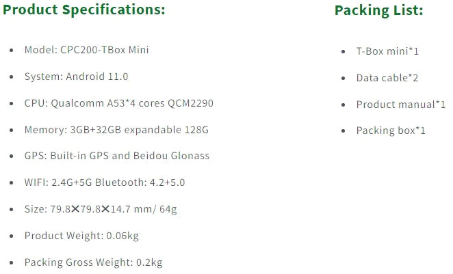 Carlinkit-Tbox-Mini-especificações de produto e lista de embalagem