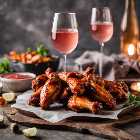 Chicken Wings and Rosé for Superbowl on a table with limes.