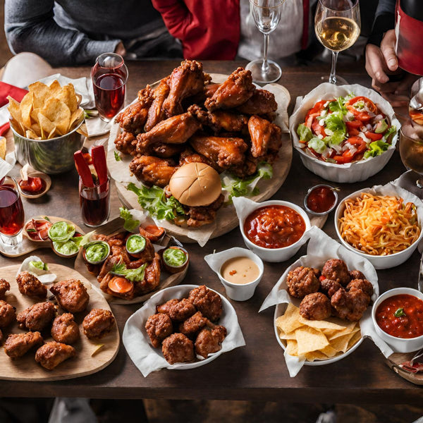 Top 8 Wine Pairings for Super Bowl Sunday. A group of people sitting at a table drinking wine over chicken wings, burgers and nachos.