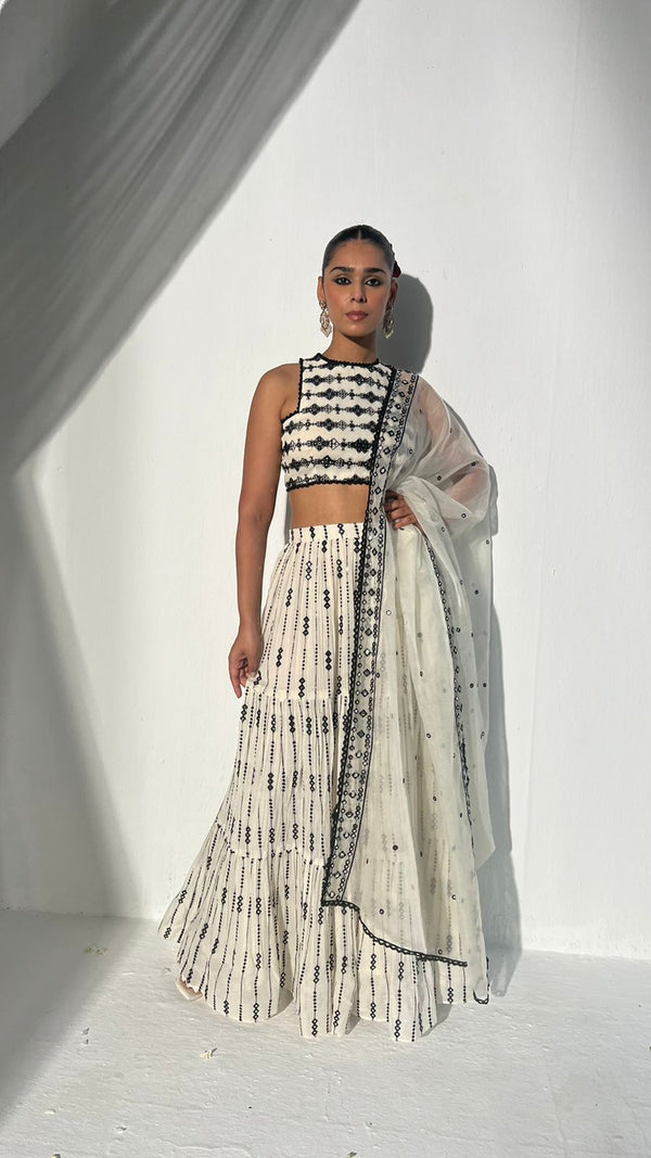 Designer Top & Bralette With Foil Printed Skirt – Couture By Manju