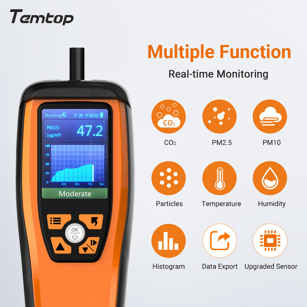 Temtop M2000C CO2 PM2.5 PM10 粒子用の 2nd CO2 空気質モニター、温度と湿度の表示、データのエクスポート